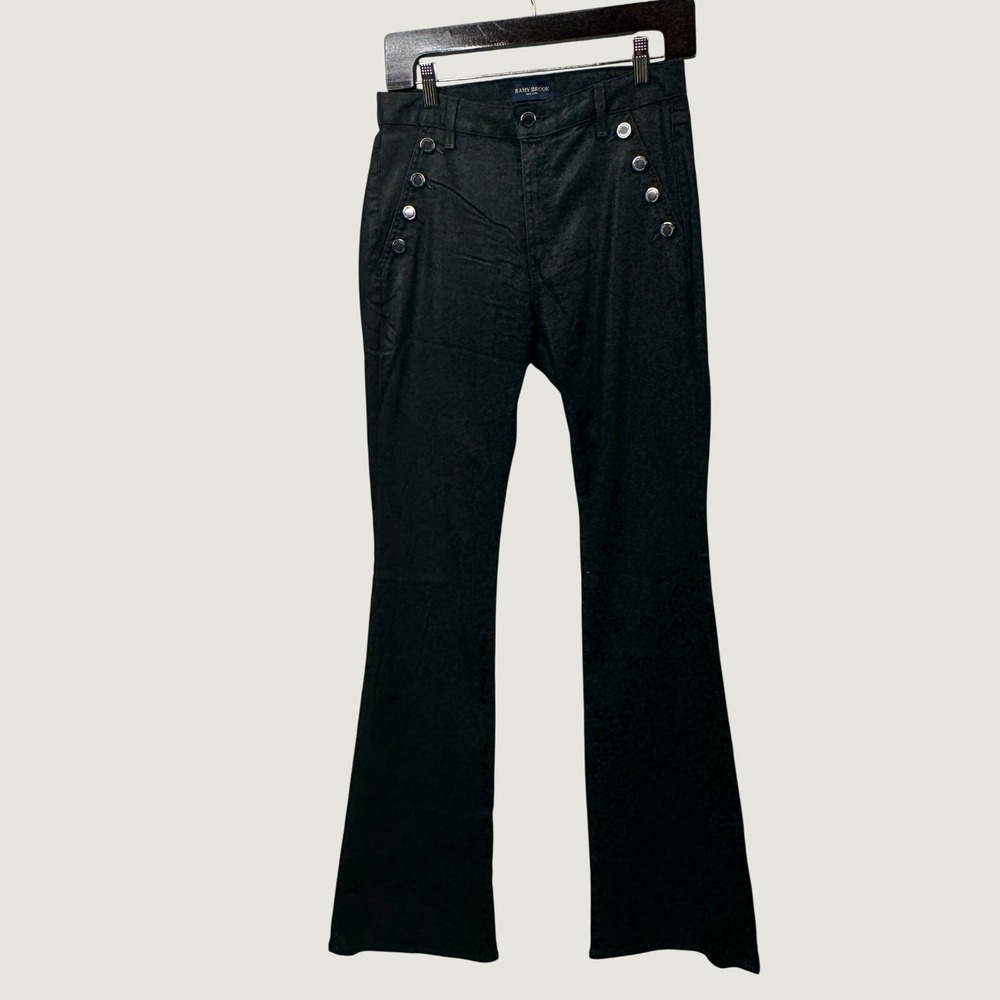 Ramy Brook‎ Coated Flare Sailor Jeans 27 Black High Rise Button Detail Edge Chic